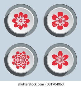 Flower icon set. Dahlia, aster, daisy, chamomile, chrysanthemum, gowan. Floral summer, autumn symbol. Red signs on white-gray button. Vector isolated