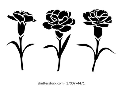 Flower icon. Set of decorative carnation silhouettes isolated on white. Vector stock illustration.