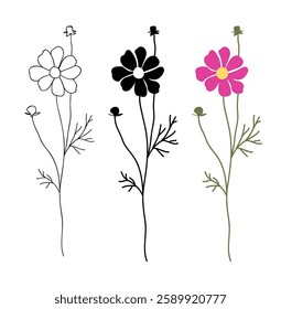 Flower icon. Set of decorative color garden cosmos with bud and leaves silhouette isolated on white. Vector stock illustration.