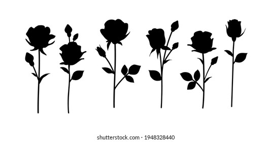 Flower icon. Set of decorative garden rose with bud and leaves silhouette isolated on white. Vector stock illustration.	