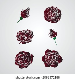 Flower icon. Set of decorative red rose silhouettes. Vector rose isolated on white