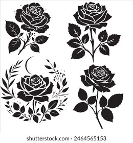 Flower icon. Set of decorative rose silhouettes. Vector rose