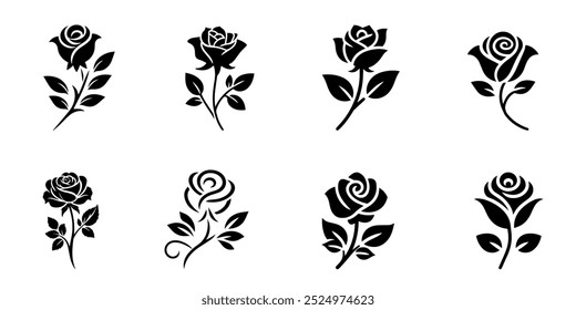 Flower icon. Set of decorative rose silhouettes. Vector rose