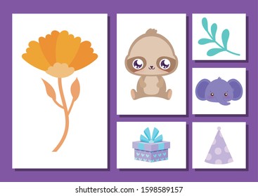 flower and icon set design, Happy birthday card celebration decoration surprise party anniversay and invitation theme Vector illustration