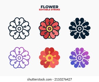 Flower icon set with different styles. Icons designed in filled, outline, flat, glyph and line colored. Editable stroke and pixel perfect. Can be used for web, mobile, ui and more.