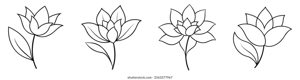 Flower icon. Set of drawn flowers with leaves. Linear flowers. Vector illustration