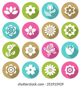 Flower icon set  flat style icons in circles with long shadows. Vector illustration.