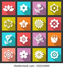 Flower icon set  flat style icons with long shadows. Vector illustration.