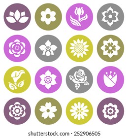 Flower icon set.  Flat style icons in circles. Vector illustration.