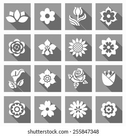 Flower icon set  flat style icons with long shadows. Vector illustration.