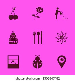 flower icon set with folk spoon knife, wedding ring and cake wedding vector illustration