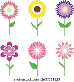  Flower icon set. Hand drawn decorative. Colorful flowers collection. Daisy chamomile, chrysanthemum, cornflower, sun flower. Flat design. Growing concept and Blooming element.