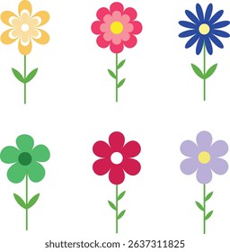  Flower icon set. Hand drawn decorative. Colorful flowers collection. Daisy chamomile, chrysanthemum, cornflower, sun flower. Flat design. Growing concept and Blooming element.
