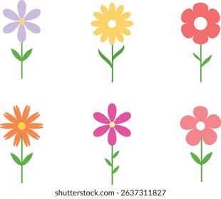  Flower icon set. Hand drawn decorative. Colorful flowers collection. Daisy chamomile, chrysanthemum, cornflower, sun flower. Flat design. Growing concept and Blooming element.