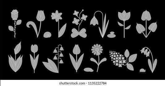 Flower icon set isolated on white. Cute various flowers including Rose, Tulip, Orchid, Espatifilo, Bells flowers, Bellis perennis, Bulb flowers.
