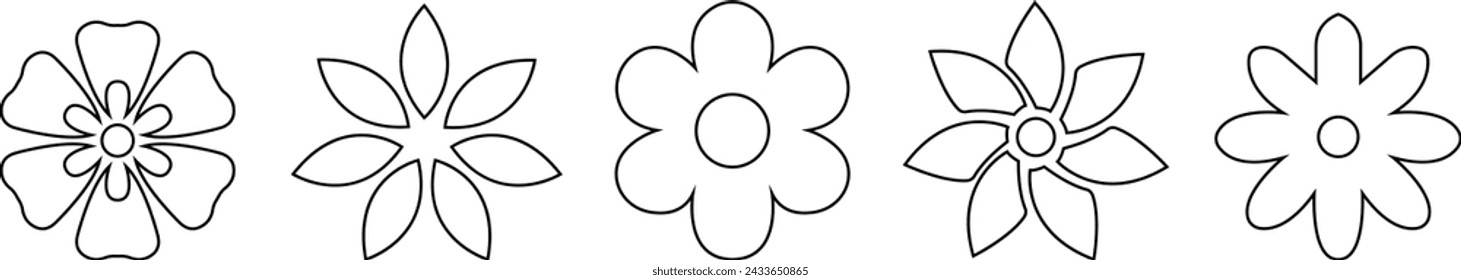 Flower icon set isolated on transparent background. simple icon. Flowers in modern simple. Cute round flower plant nature, Black color shape icon, hand drawn wreaths. Cute doodle floral wreath frame.