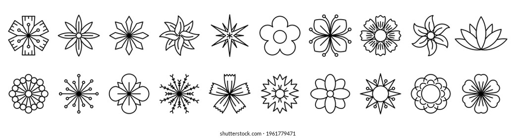 Flower icon. Set of linear flower icons. Icons of different flowers. Vector illustration.