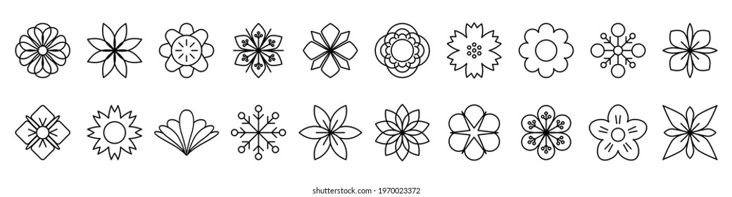 Flower icon. Set of linear flower icons. Icons of different flowers. Vector illustration.
