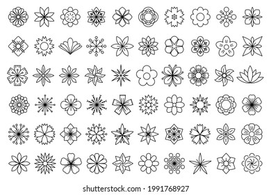 Blumensymbol. Satz linearer Blumensymbole. Symbole verschiedener Blumen. Vektorgrafik.