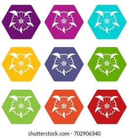 Flower icon set many color hexahedron isolated on white vector illustration