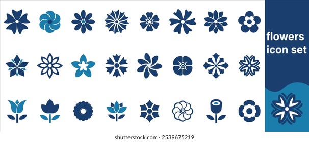 Flower icon set, natural, árvore, fino, fundo, vintage, modelo, floresta, conceito, botânica, pictograma, moderno,