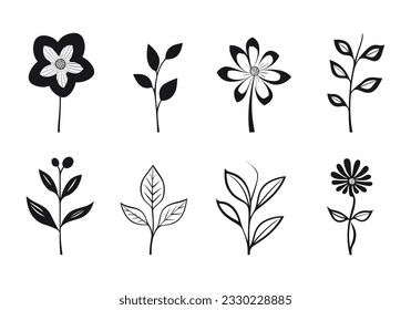 Flower icon set on white background. Vector illustration in black flat style