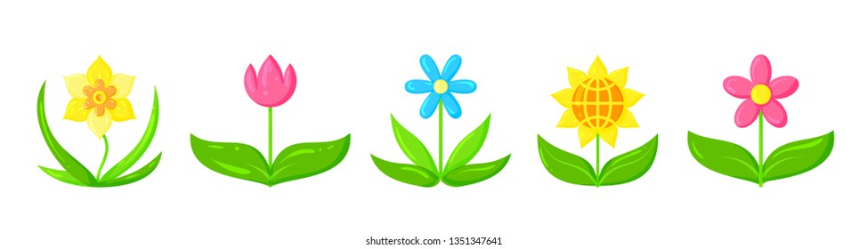 Flower icon set. Organic sign. Spring card design. Seedling kit. Sapling simple pictogram. Nature lawn symbol. Sprout growing banner. Plant Flat style vector illustration on white