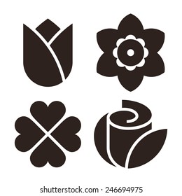 Flower Icon Set - Tulip, Narcissus, Clover And Rose Isolated On White Background