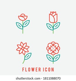 Flower icon set. Tulip, rose. Set of floral icon in flat design. Thin line style. Flower plant icon. Simple line vector elements of religious holiday for ui and ux, website or mobile application.