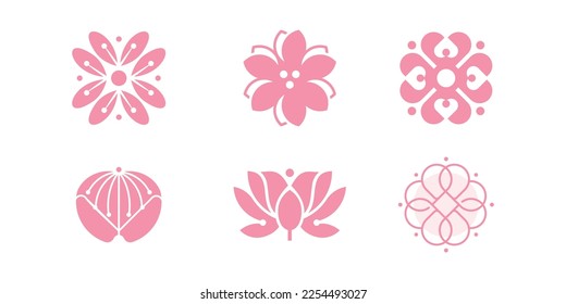 Flower icon set.Japanese style logo design template. Cherry blossom Pink flowers on white background