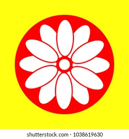 Flower icon. sign design. Vector. White flat icon inside red circle at yellow background. Isolated.