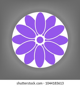 Flower icon. sign design. Vector. Violet icon on white circle with shadow at gray background.