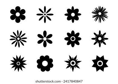 Siluetas de iconos de flores aisladas en fondo blanco. Sencillas siluetas negras con flores de margarita. Conjunto de símbolos de la cabeza de las flores