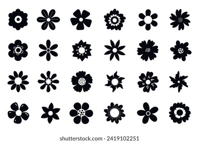 Flower icon silhouettes isolated on white background. Simple daisy flowers black silhouettes set. Flowers head symbol set