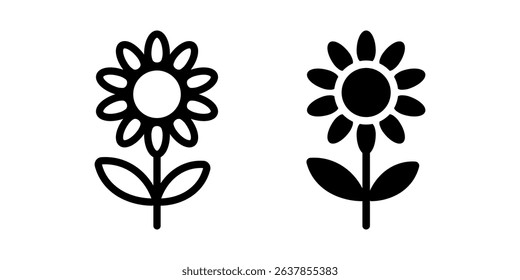 Flower icon. Simple blooming plant with petals and leaves sign. Garden nature and floral growth symbol. Spring blossom and decorative botany pictogram. Organic element illustration.