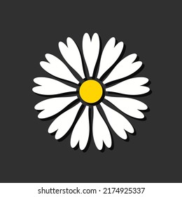 Flower icon. Simple flat icon. Cute chamomile isolated on black background. Cartoon spring daisy. Floral graphic. Vector.