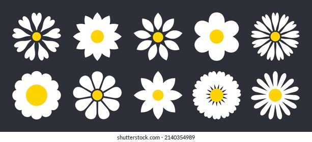 Flower icon. Simple flat flower icons isolated on black background. Cute chamomile and daisy. Set of cartoon spring flowers. Floral graphic. Vector.