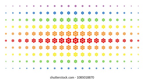 Flower icon spectrum halftone pattern. Vector flower pictograms are organized into halftone matrix with vertical rainbow colors gradient. Designed for backgrounds, covers,