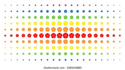 Flower icon spectrum halftone pattern. Vector flower shapes are organized into halftone matrix with vertical spectrum gradient. Constructed for backgrounds, covers,