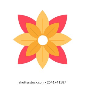 Flower icon top view. Yellow and red floral pattern. Bloom and blossom plant. Spring and summer season. Fresh petal. Poster or banner. Flat vector illustration isolated on white background