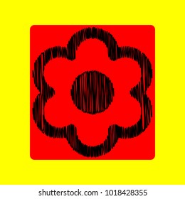 Flower icon. Vector. Black scribble icon in red container with rounded corners at yellow background. Isolated.