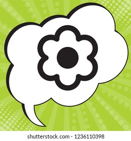 Flower icon. Vector. Black icon in speech bubble at popart yellow green background.