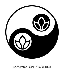 Flower Icon. Vector. Black and white icon inside circles of yin and yang symbol  at white background.