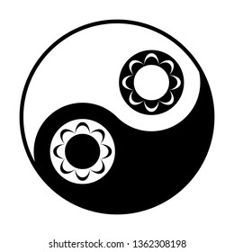 Flower icon. Vector. Black and white icon inside circles of yin and yang symbol  at white background.