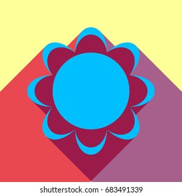 Flower icon. Vector. Deep sky blue icon with two flat violet and raspberry semitransparent shadows on canary background.