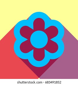 Flower icon. Vector. Deep sky blue icon with two flat violet and raspberry semitransparent shadows on canary background.