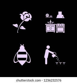 flower icon. flower vector icons set person watering can, bee, rose and kitchen