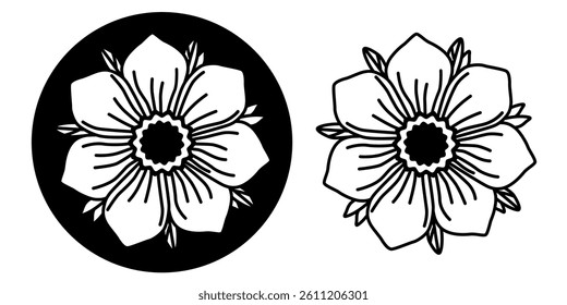 Flower icon. Vector flower logo. Isolated element on white background. Black and white hand drawn cute flower. For web, invitations, templates, print, design