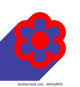 Flower icon. Vector. Red flat style icon with dark blue long shadow on white background.