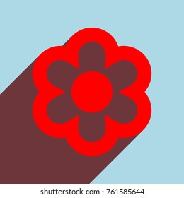 Flower icon. Vector. Red flat icon with infinte wine shadow to left down corner at sky background.